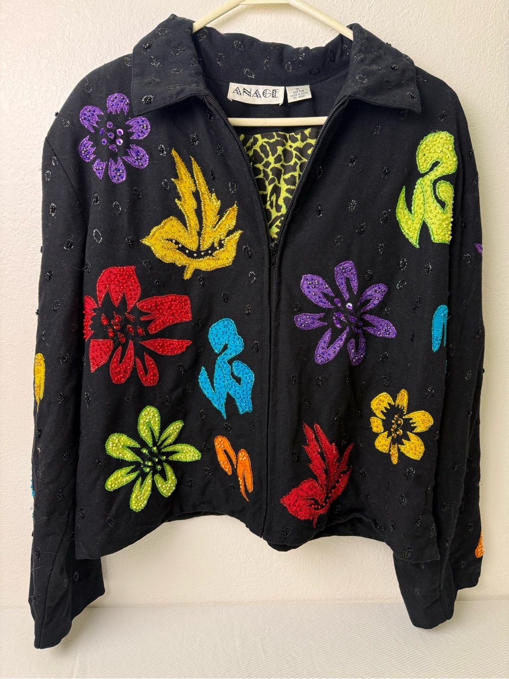 Anage Black Jacket with Bright Multicolor Sequin Flowers